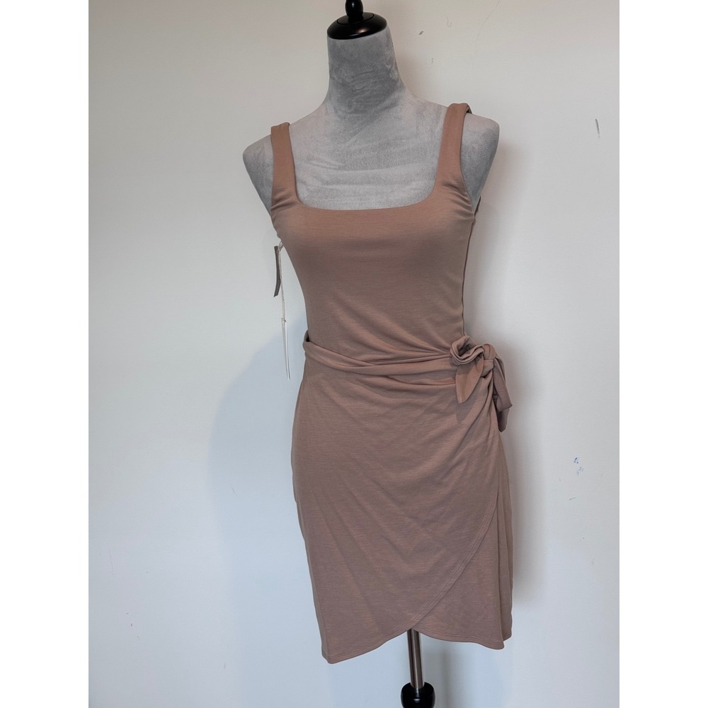 Wilfred Aritzia Saturn Mini Dress Gold Camel Square Neck Wrap Tie Size M NEW